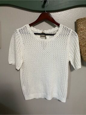 LOFT White Short Sleeve Open-Knit Sweater Top